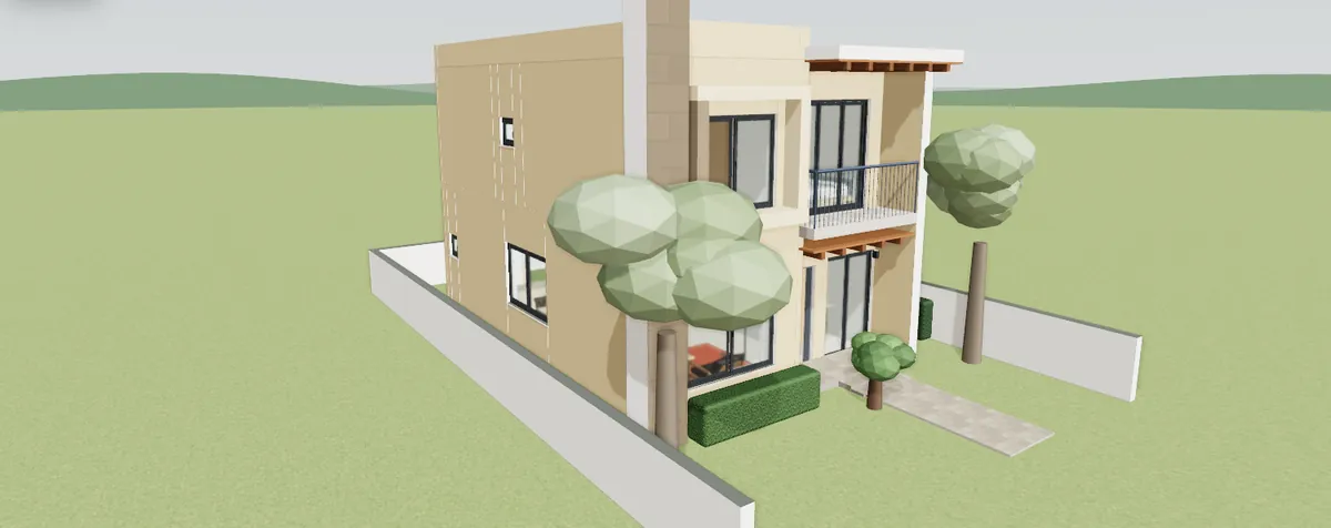 Casa de dos plantas en la vista 3D de Planos: fachada crema, aleta de piedra, balcón con vigas de madera