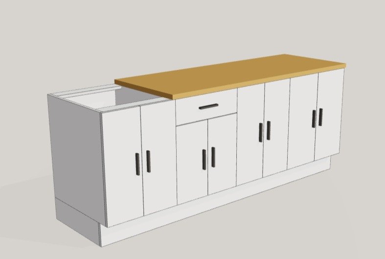 Hemos quitado la encimera al primer mueble y así y todo la encimera sigue corrida en el resto de muebles